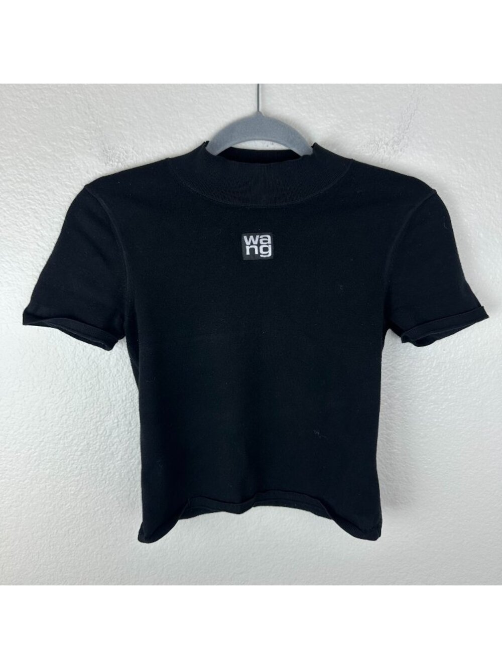 Alexander Wang Black Mock Neck Short Sleeve Ribbed Knit Top XS Soft Solid Basic
